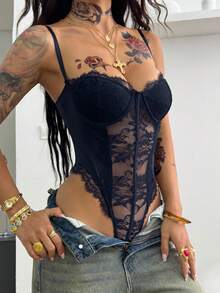 Coolane Body de renda preto justo e sexy para festivais de verão e baladas, estilo anos 2000. - Azul Real - Ver 5