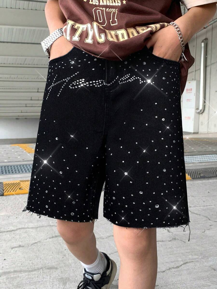 SHEIN Tween Boy Fashion Casual Y2k Vintage Cool Sparkling Letter Rhinestone Design Black Loose Denim Shorts Soft Dailywear And Fall And Autumn Or Winter Back To School Homecoming Rave Festival And Beach Streetwear School Rhinestone Shorts Sparkly Denim Shorts - Black - View 1