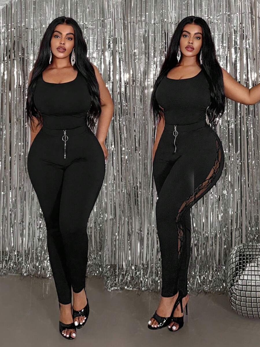 Slaydiva 大码优雅黑色圆拉链仿皮裤，秋冬款 - 黑色 - 查看 1