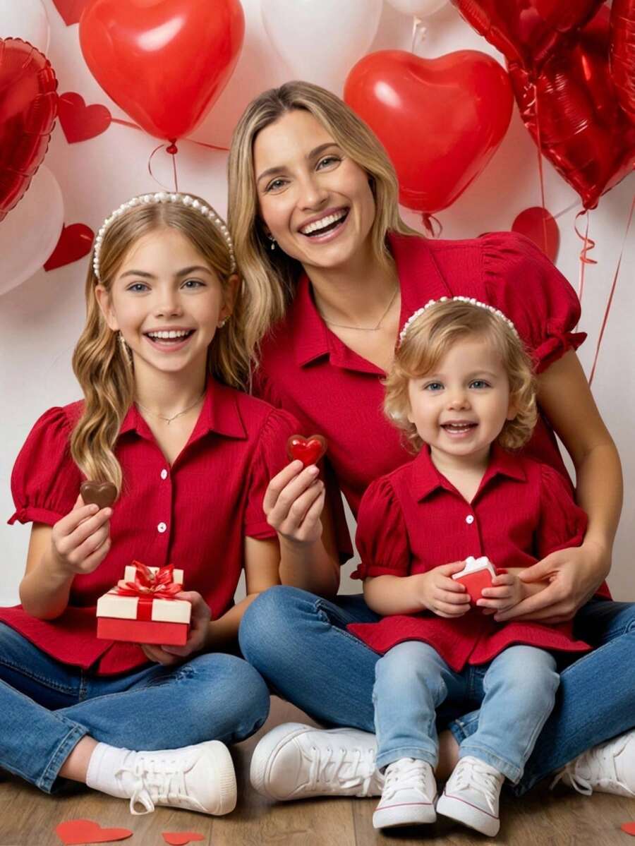 SHEIN Girls' Red Gingham Button-Up Blouse: Puff Sleeve Ruffled Hem Versatile Casual Top For School Days, Weekend Outings, Or Family Gatherings. Gingham Print & Comfy Fabric-Perfect For Daily Stylish Looks (Girls' Size