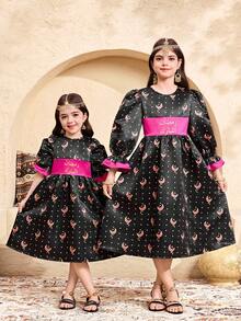 SHEIN رمضان Tween Girl Ditsy Floral Long Sleeve Dress الملابس التقليدية العربية - Black - View 6