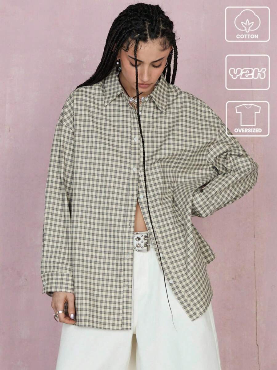 COUREZ Oversized Long Sleeve Check Shirt /Street Casual/Y2K/Leisure Music Festival Vintage 100%Cotton