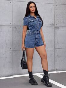 SHEIN Tall Women's Collared Button Pocket Casual Short Sleeve Denim Jumpsuit - Blue - View 7