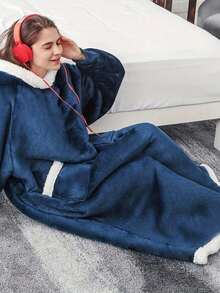 蓝灰色连帽毯，成人可穿戴毯，冬季家居服，加厚保暖内衬纯色浴袍，厚实柔软保暖防脱落，酒店/宾馆/家庭成人睡衣，家居浴室装饰沙滩装返校季，可作为男女礼物、生日礼物，超大号连帽衫 - 彩色 - 查看 4