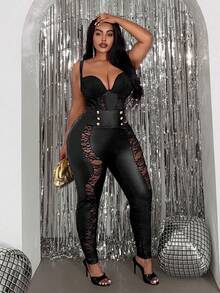 Slaydiva Quần skinny cạp cao màu đen phối lưới và giả da thanh lịch và gợi cảm dành cho nữ cỡ lớn, thích hợp cho mùa Thu/Đông. - màu đen - Xem 4