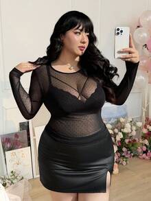 CovetEZ 大码女式时尚性感透视波点网纱上衣情人节 - 黑色 - 查看 6