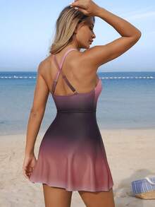 Swim Lushoire 女士26SS春夏沙滩连衣裙，优雅复古渐变印花吊带连体泳衣，性感浪漫，优雅精致，适合海滩、度假、派对、日常穿着 - 乾枯玫瑰色 - 查看 2