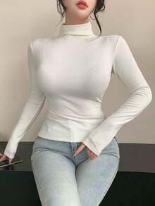DAZY 女士紧身保暖高领T恤 - 白色 - 查看 4