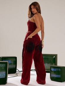 Denimoi Washed Denim Velvet Affect Straight Leg Baggy Jeans - Burgundy - View 5