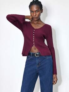 Maija Women's Casual Solid Color Knit Sweater,Red Sweater New Year Women - Red Violet - View 6