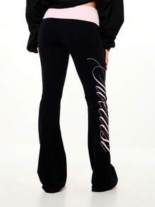 SUMWON WOMEN Flared Black Fold Over Waistband Pants With Pink Script Graphic Detail Bootcut Comfortable Casual Lounge Sweatpants