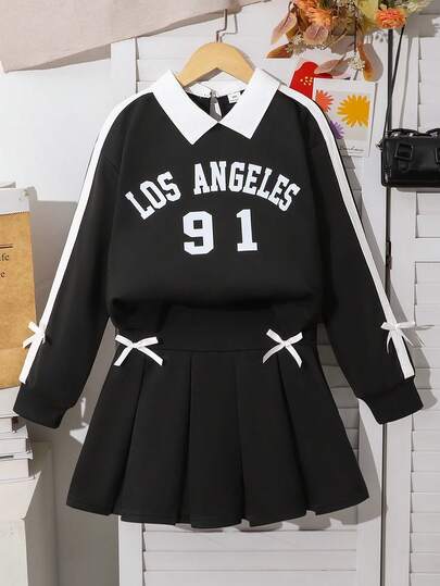 SHEIN 2pcs/Set Teenage Girls' School Style Collared Sweatshirt With English Print & Pleated Skirt, Contrast Color Ribbon & Bow Cuff Design, Comfortable Knit Fabric, Youthful Vibe, Suitable For School Or Casual Wear
