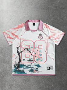 ROMWE MEN Prep Men's Polo Shirt, Casual Sports Sakura & English Text Graphic Print Short Sleeve Polo Shirt - White - View 3