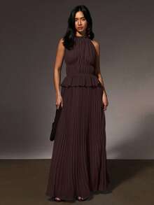 Athîral 女士无袖纯色简约连衣裙，日常穿着 - 棕色 - 查看 4