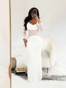 BamGleam 女士纯色心形领长袖拼接修身连衣裙 - 白色 - 查看 7