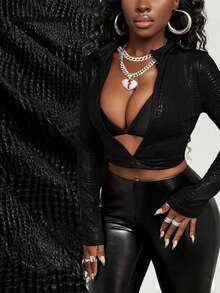 BamGleam Tight PU Short Jacket, Slim Fit And Slimming, Front Zipper And Long Sleeves, Simple And Versatile, Women's Elastic Synthetic Leather Jacket - Black - View 7