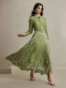 Anewsta 2pcs/Set Women's Green Lace Blouse Top And Satin Skirt, Spring New Elegant Mother's Day Outfit - Green - View 4
