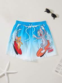 TOM & JERRY X SHEIN Men's Summer Gradient Cartoon Pattern Drawstring Waist Beach Shorts - Blue - View 6