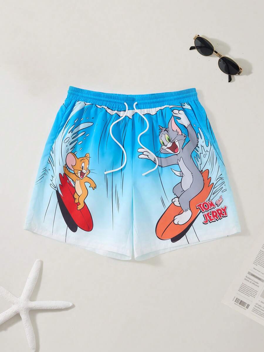TOM & JERRY X SHEIN Men's Summer Gradient Cartoon Pattern Drawstring Waist Beach Shorts - Blue - View 1