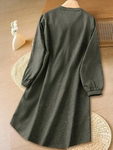 Rusticease 女士纯色圆领优雅长袖短裙 - 橄欖綠 - 查看 2