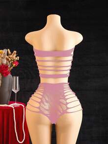 情人节女士性感镂空网纱露脐上衣两件套 - 粉色 - 查看 2