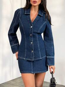 SHEIN Women's Casual Front Button Waist Denim Top And Denim Skirt Set, Autumn - Dark Wash - View 4