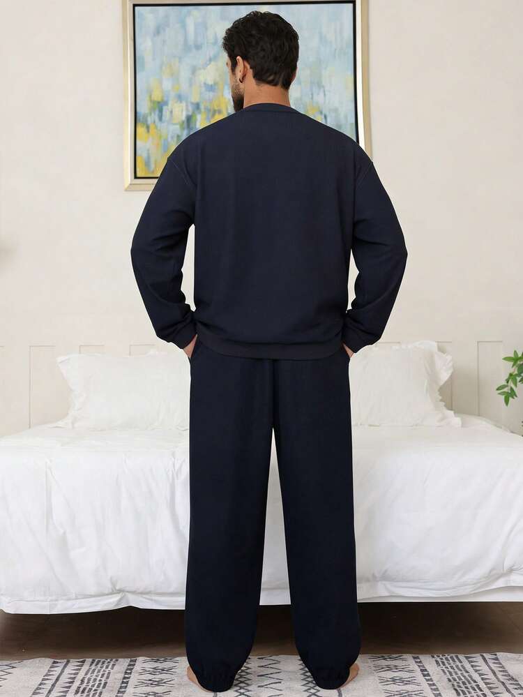 Navy Blue Patterned Print Elastic Waist Drawstring Men's Loungewear Set, Autumn