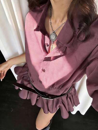 Rina Fox Vestido mini casual de unicolor con volantes en el bajo para mujer