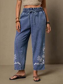 SHEIN VCAY Quần jean denim cỡ lớn in hoa dáng thường ngày - Màu xanh lam - Xem 6