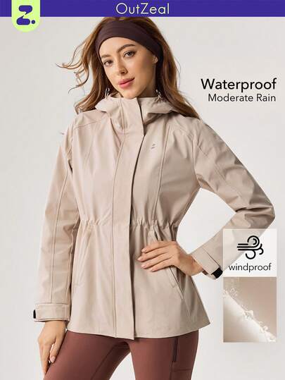 OutZeal Women Water-Resistant Hooded Drawstring Waist Zip Pocket Grey Outdoor Jacket Daily Casual