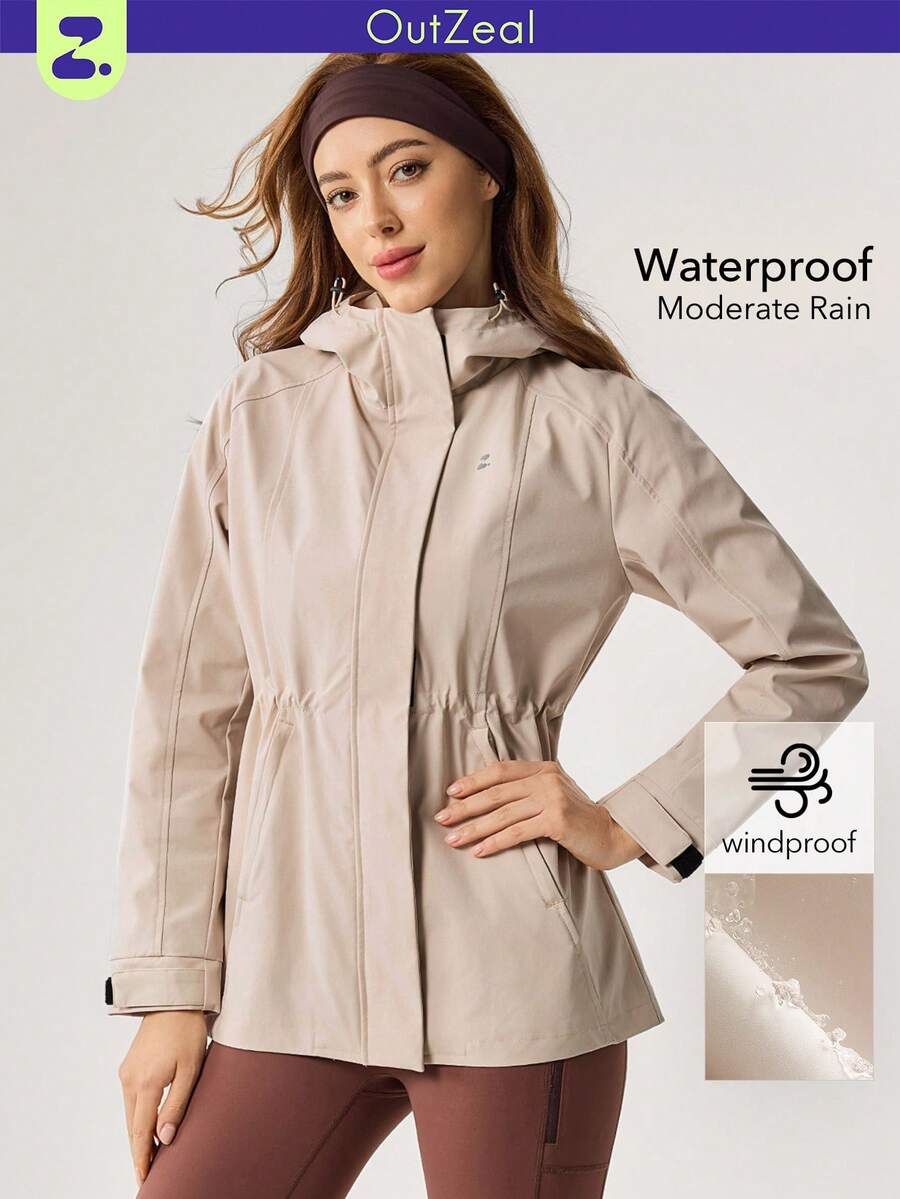 OutZeal Women Water-Resistant Hooded Drawstring Waist Zip Pocket Grey Outdoor Jacket Daily Casual - Apricot - View 1