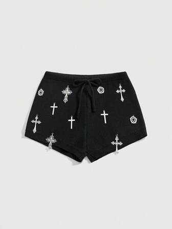 ROMWE Avant Shorts de punto ajustados de cintura ultra baja con decoración de cruz