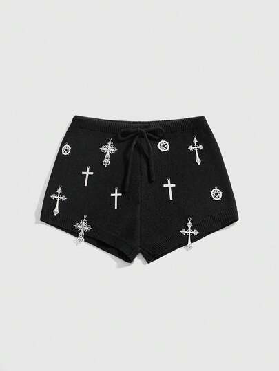ROMWE Avant Shorts de punto ajustados de cintura ultra baja con decoración de cruz