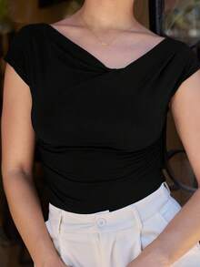 Andrea Bello Women Fashion Solid Color Slim Short Sleeve T-Shirt - Black - View 5