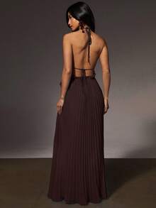 Athîral 女士无袖纯色简约连衣裙，日常穿着 - 棕色 - 查看 3