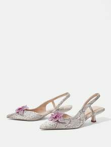CUCCOO HITCHD Women's Fashionable Elegant Party Crystal Floral Decor Pointed Toe Pumps For Christmas - Black and White - View 9