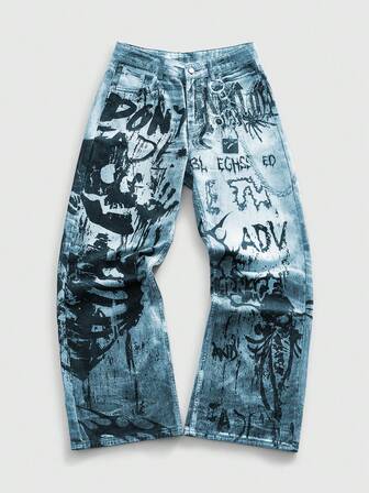 Street Life Men's Casual Hiphop Distressed Graffiti Print Slant Pocket Denim Jeans