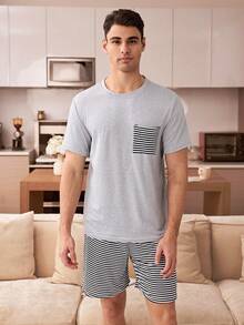 CoupledUp 男士休闲条纹短袖短裤睡衣套装 - 灰色 - 查看 2