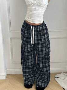 SHEIN EZwear 女士格子抽绳宽松休闲裤 - 黑與白 - 查看 4