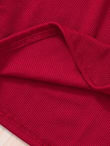 Tween Girl Spring/Autumn Party Banquet Round Neck Layered Ruffle Trim Long Sleeve T-Shirt And Faux Pearl Decor Skort Set - Burgundy - View 8