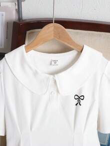 SHEIN Tween Girl Collared Waist Cinched Short Sleeve Midi Dress - White - View 4