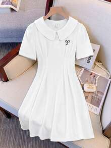 SHEIN Tween Girl Collared Waist Cinched Short Sleeve Midi Dress - White - View 8