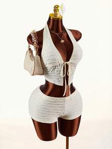 Amplova Deep V-Neck Halter Tie-Up Super Low Waist Striped Mini Shorts 2 Pieces Set - Apricot - View 4