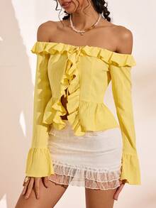 Bellisia Blusa de unicolor con hombros descubiertos, manga larga y ribete de volantes, adecuada para citas y uso diario