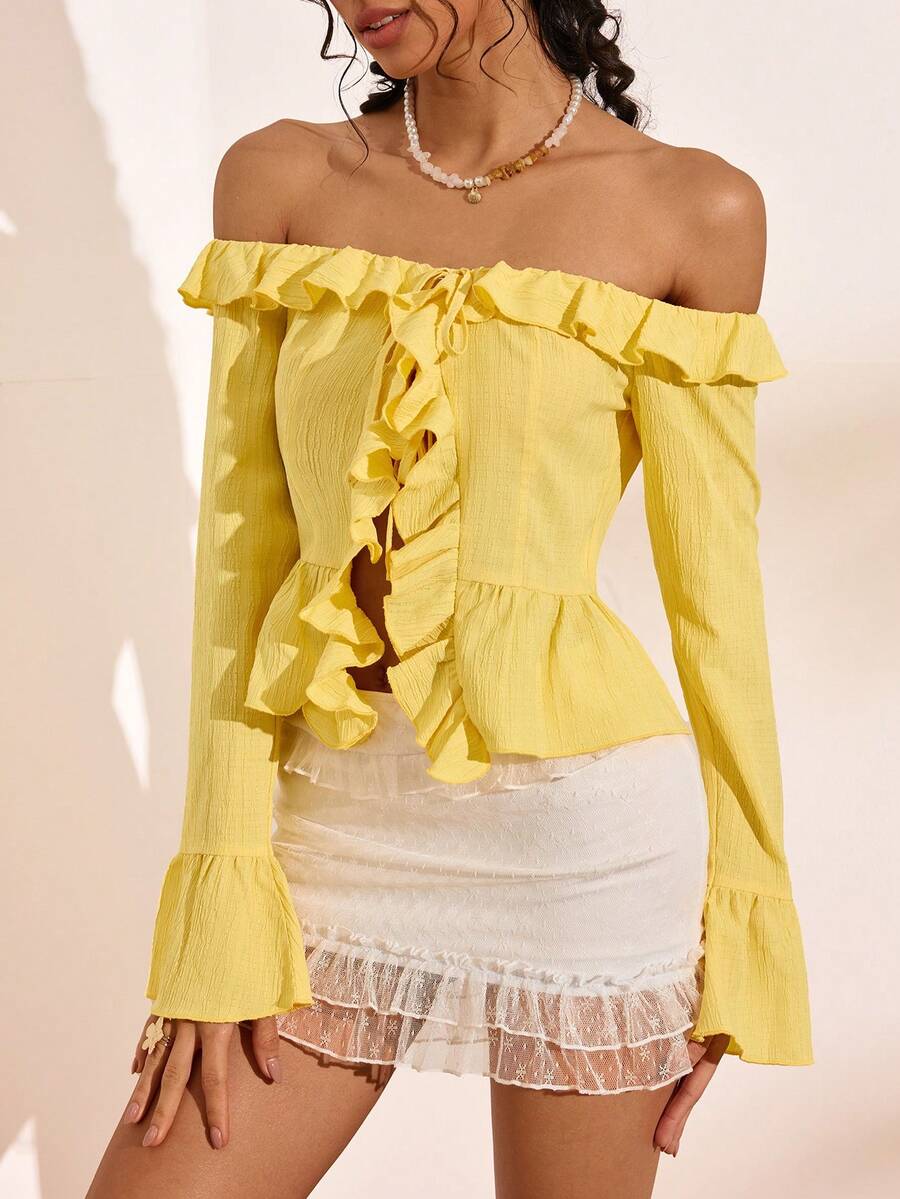 Bellisia Blusa de unicolor con hombros descubiertos, manga larga y ribete de volantes, adecuada para citas y uso diario