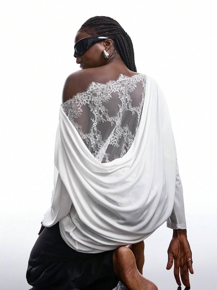 LYSMO Áo thun gợi cảm phối ren thanh lịch dành cho nữ cỡ lớn, thích hợp cho mùa xuân/thu và ngày Valentine. - trắng - Xem 1