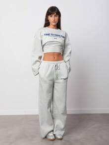 SURIMA 3pcs Women Casual Basic Grey Color Long Sleeve Cropped Top, Camisole, And Loose Pants Set - Light Grey - View 3