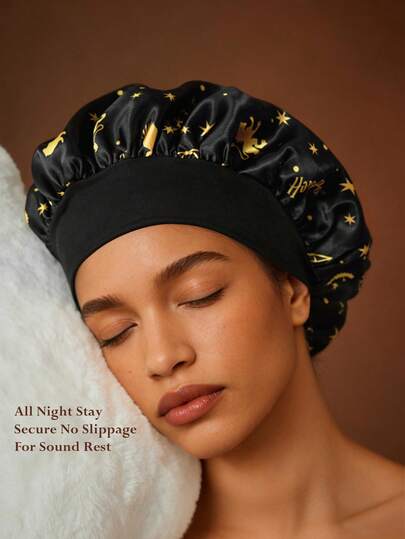 HARRY POTTER X SHEIN Gorro de doble capa mejorado para el cuidado del cabello de las mujeres, gorro de dormir de satén con elástico ancho, suave y cómodo para uso diario en el hogar y para dormir, de vuelta a la escuela