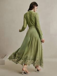 Anewsta 2pcs/Set Women's Green Lace Blouse Top And Satin Skirt, Spring New Elegant Mother's Day Outfit - Green - View 2