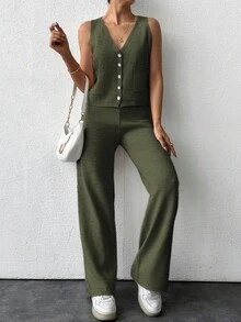 EURMUSE 2pcs Knitted Solid V-Neck Button Front Vest And Pants Sweater Set - Army Green - View 4